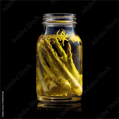 Obraz na płótnie Glass jar filled with pickled asparagus on a black background. w salonie