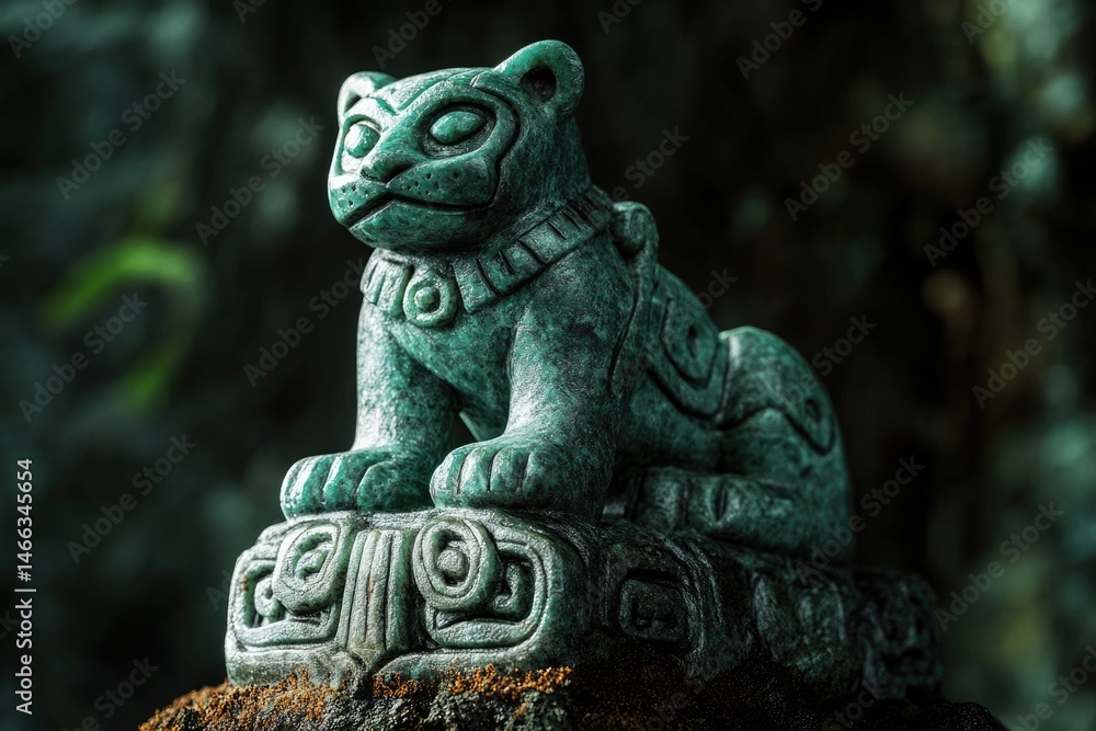 Close-up of a jade jaguar statue resting on a carved stone platform with an out-of-focus green background. Close-up of a jade jaguar statue resting on a carved stone platform with an out-of-focus green background.