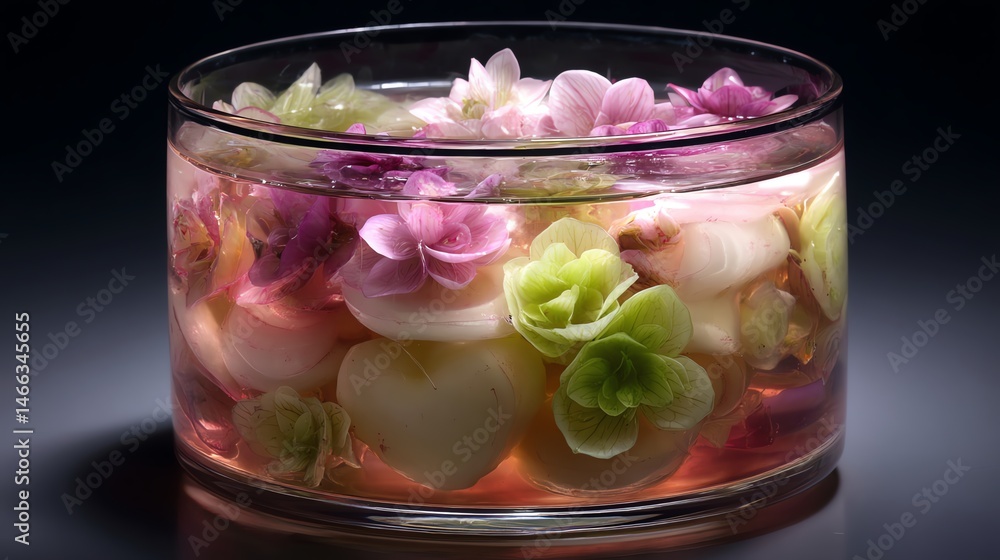 Colorful flowers floating in a glass bowl, a serene and decorative floral display.