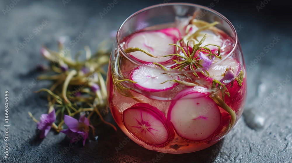Colorful cocktail with flower garnish, ice, and sliced radishes, grey stone surface.