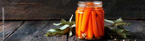 Obraz na płótnie Jar of pickled carrots on wooden table with herbs, rustic style, vertical presentation. w salonie
