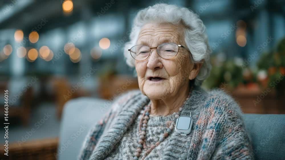 Elderly woman shares stories while sitting in a cozy lounge on a rainy afternoon Elderly woman shares stories while sitting in a cozy lounge on a rainy afternoon