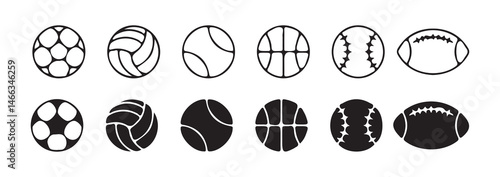 Black soccer, basketball, tennis, and rugby sport ball icon collection. Vector illustration