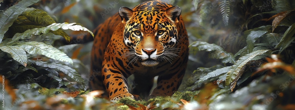 Leopard hiding in tropical foliage with focused eyes and spotted fur pattern in tense wild jungle setting