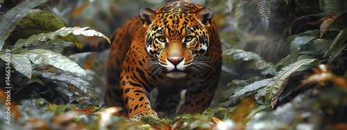 Obraz na płótnie Leopard hiding in tropical foliage with focused eyes and spotted fur pattern in tense wild jungle setting
w salonie