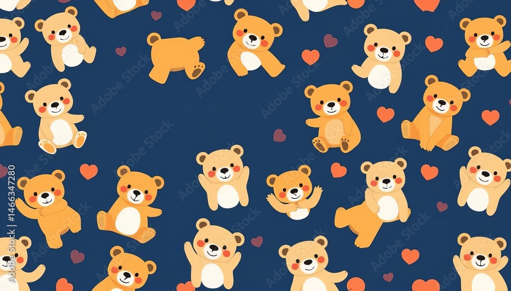 Obraz premium Adorable cartoon bears playfully arranged in a seamless pattern on a navy blue background, woodland, happy