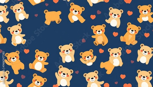 Adorable cartoon bears playfully arranged in a seamless pattern on a navy blue background, woodland, happy