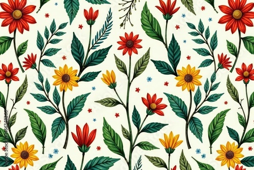 Intricate botanical illustration, repeating pattern, nature, retro