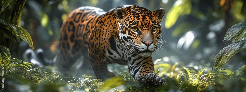 Leopard hiding in tropical foliage with focused eyes and spotted fur pattern in tense wild jungle setting
