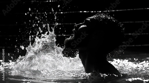 Black and White Silhouette of a Man Emerging from Water, Splashing and Dramatic