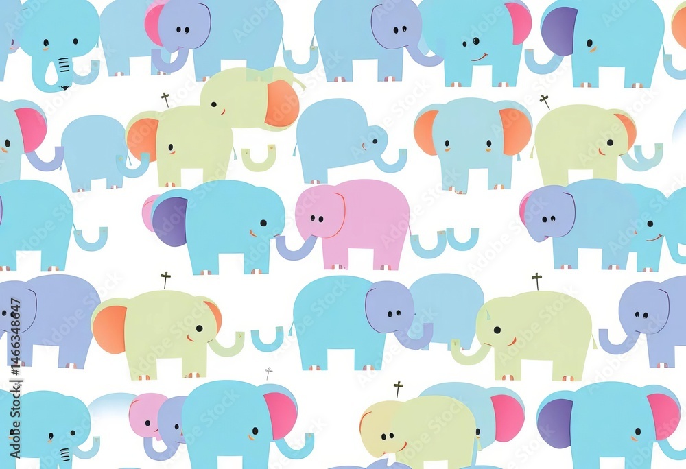 Fototapeta premium Adorable elephants in a repeating flat style pattern, featuring ample white space, seamless, repeat