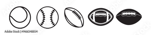 Sport ball icon set. Black and linear icons. Tennis, rugby, football, volleyball, basketball, icon. Vector Illustration eps 10
