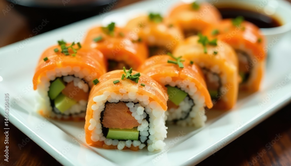 Variety of sushi rolls on white platter, soy sauce, white, background, soy Variety of sushi rolls on white platter, soy sauce, white, background, soy