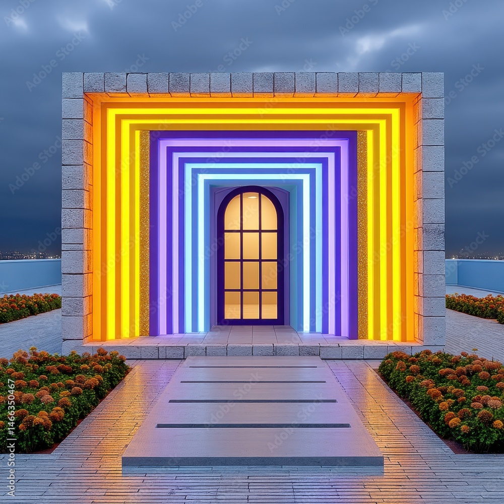 Fototapeta premium Multicolored neon lights frame a doorway leading into a building. The structure is cube shaped, with stone walls and a wet looking pathway