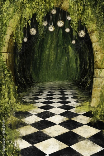 A surreal, overgrown archway, lined with hanging clocks, leading into a lush,  time-warped tunnel