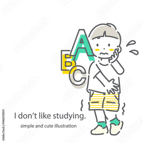 英語に苦手意識のある小学生　シンプルでかわいい線画イラスト