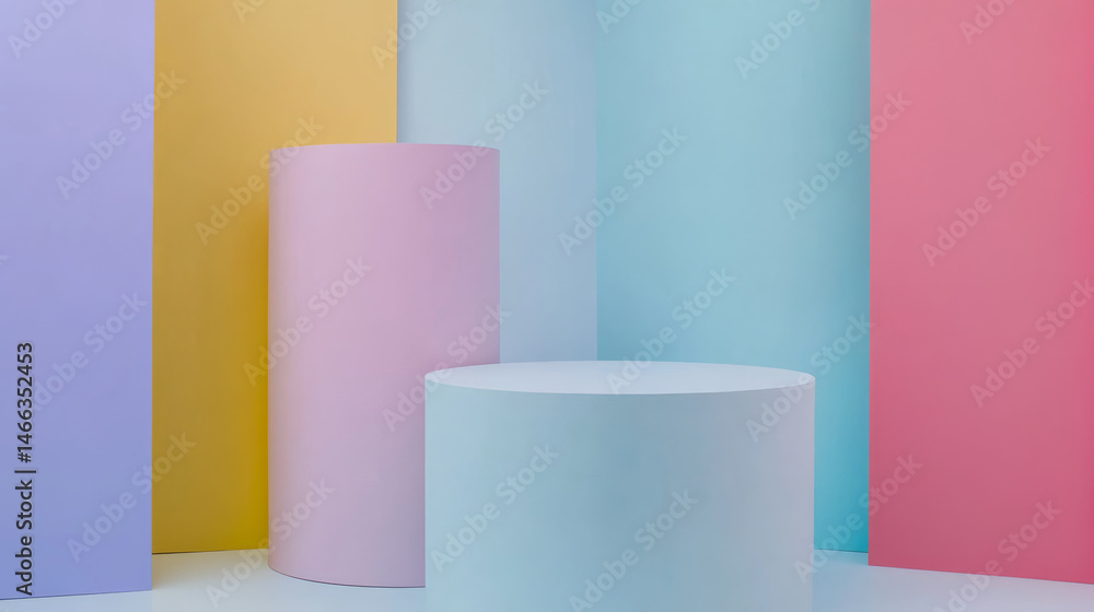 vibrant and modern composition featuring geometric shapes pastel colors, including pink, yellow, and blue. This artistic arrangement creates playful and inviting atmosphere, perfect for creative vibrant and modern composition featuring geometric shapes pastel colors, including pink, yellow, and blue. This artistic arrangement creates playful and inviting atmosphere, perfect for creative