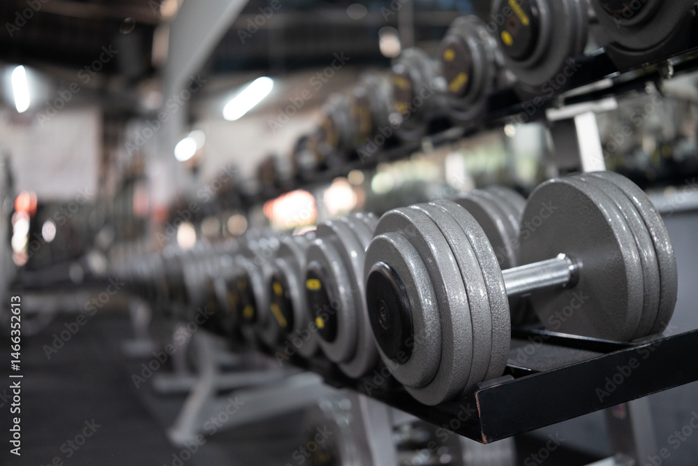 Dumbbells are neatly placed on the racks in the gym. Dumbbells are neatly placed on the racks in the gym.