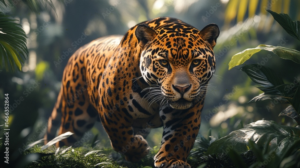 Leopard hiding in tropical foliage with focused eyes and spotted fur pattern in tense wild jungle setting