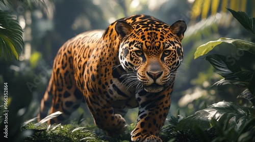 Obraz na płótnie Leopard hiding in tropical foliage with focused eyes and spotted fur pattern in tense wild jungle setting
w salonie