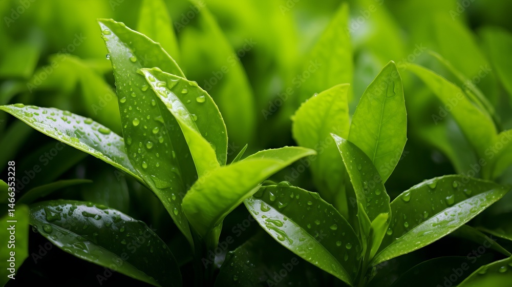 Close-Up of Fresh Green Tea Leaves on a Natural Background with Soft FocusBotanical Detail and Minimalist Composition Close-Up of Fresh Green Tea Leaves on a Natural Background with Soft FocusBotanical Detail and Minimalist Composition