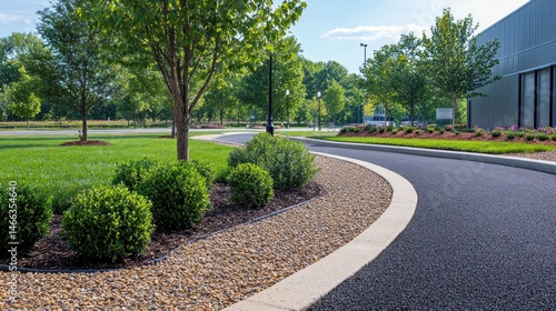 Fototapeta Naklejka Na Ścianę i Meble -  Well-maintained paved pathway winds through landscaped business grounds