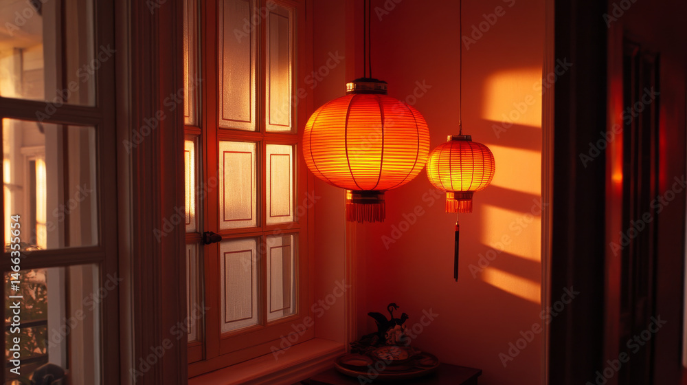 warm and inviting scene featuring traditional red lanterns illuminated by soft sunlight streaming through window, creating cozy atmosphere. interplay of light and shadow enhances charm of space warm and inviting scene featuring traditional red lanterns illuminated by soft sunlight streaming through window, creating cozy atmosphere. interplay of light and shadow enhances charm of space