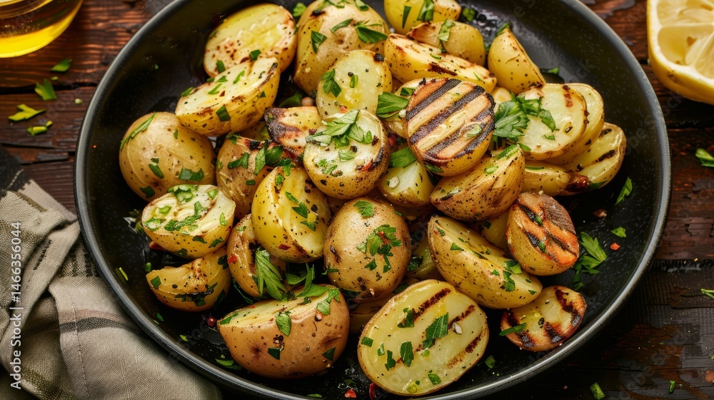 Close up of steaming grilled baby potatoes on rustic wooden plate with natural lighting showing fresh vegetables Close up of steaming grilled baby potatoes on rustic wooden plate with natural lighting showing fresh vegetables