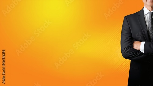 Confident businessman in suit with folded arms, Orange gradient background for corporate or motivational content, Great for leadership concepts
