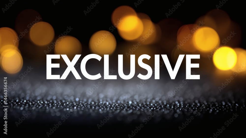Exclusive title with blurred golden lights, White text on dark sparkly background, Ideal for premium content or special media features