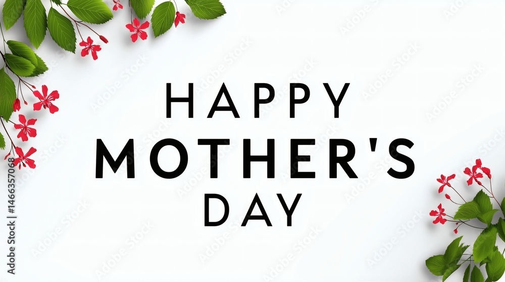 Happy Mother's Day with red flowers, Decorative red blooms and leaves, Ideal for festive spring greeting cards