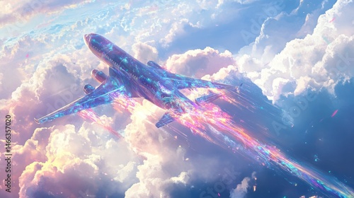 A futuristic jet plane soars through a vibrant cloud landscape, trails of iridescent light