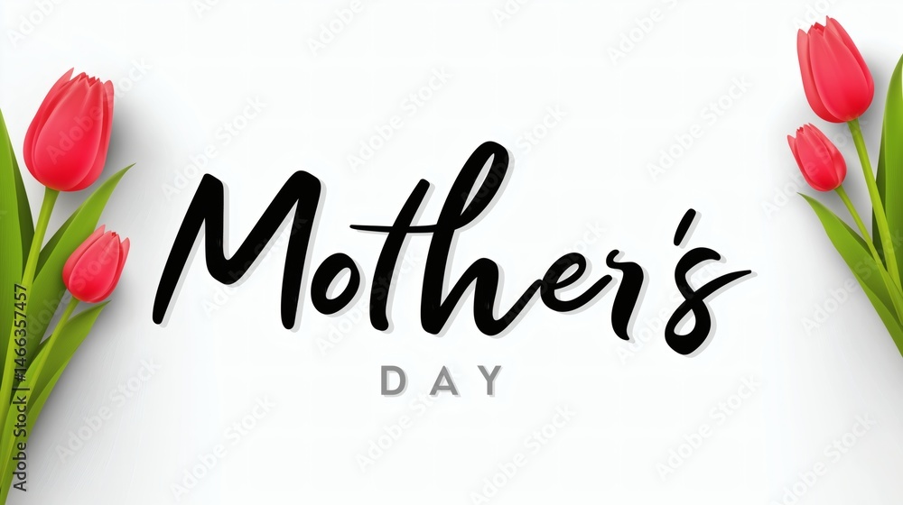 Mother's Day card with red tulips on white, Elegant floral greeting in black script, Perfect for celebration or gift tag design