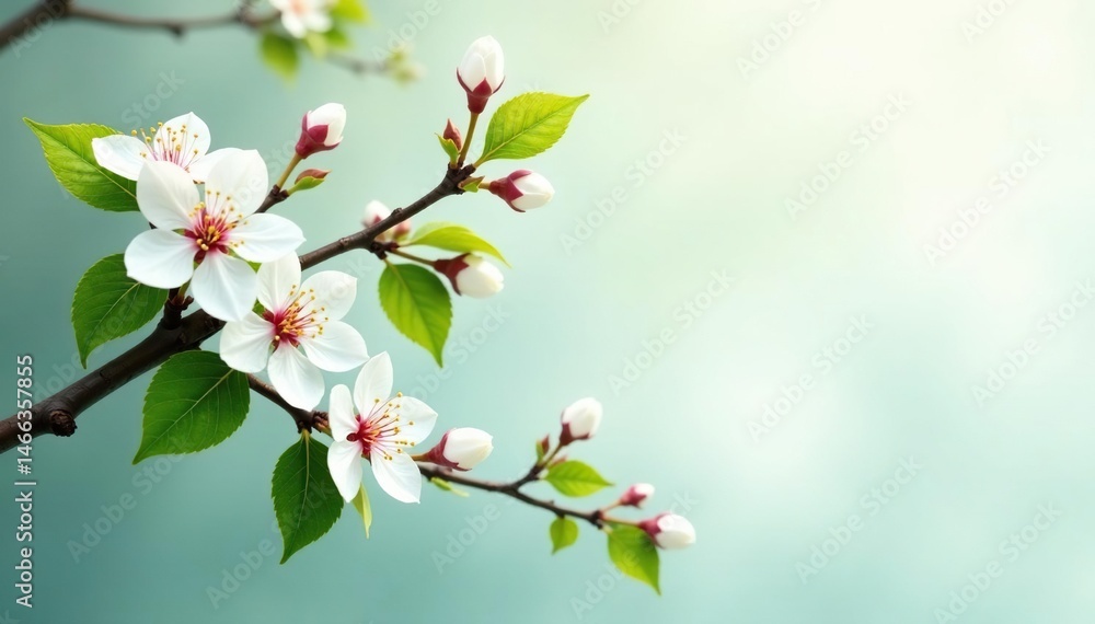 Obraz premium Intricate sakura branch pattern, white blossoms, green leaves , art, green