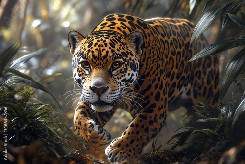 Leopard hiding in tropical foliage with focused eyes and spotted fur pattern in tense wild jungle setting


