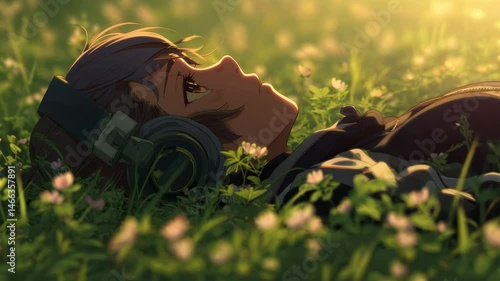 Anime girl relaxing in nature with headphones and vibrant greenery