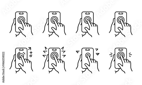 Modern vector icon set showing various hand gestures interacting with smartphones, easily scalable and editable.
