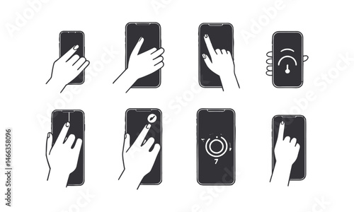 Modern vector icon set showing various hand gestures interacting with smartphones, easily scalable and editable.