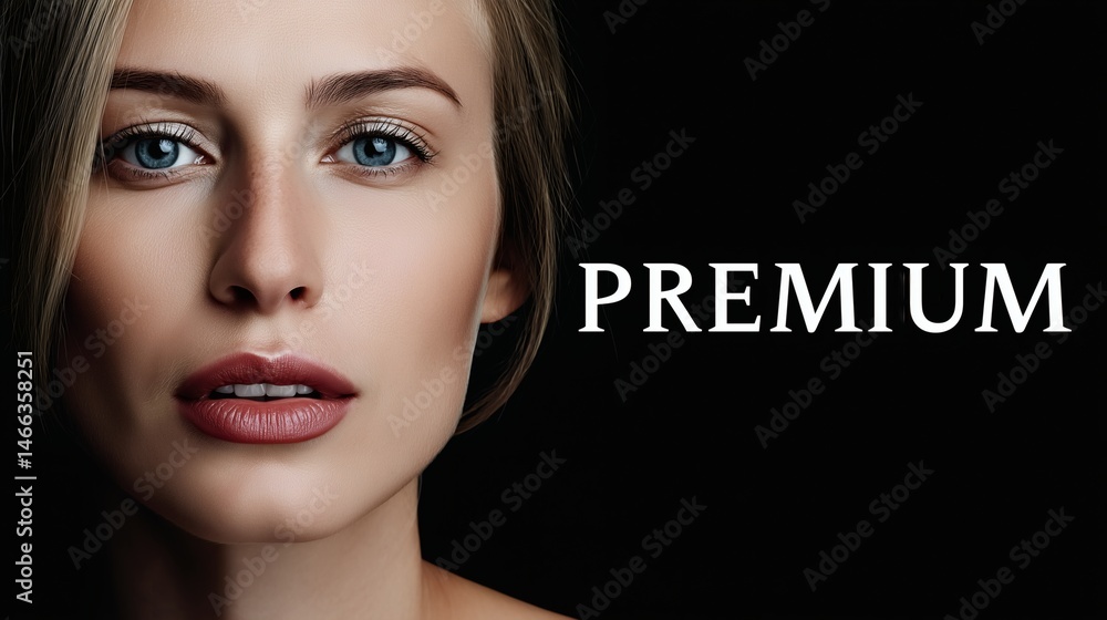 Premium text with elegant female portrait, Luxury branding image with deep black background, Perfect for cosmetic or fashion campaigns