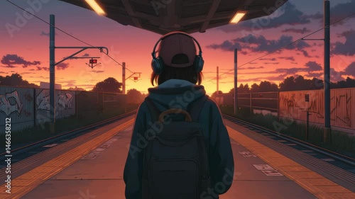 Anime Girl Walking and Listening to Lo-Fi Music at Train Station During Vibrant Sunset Sky