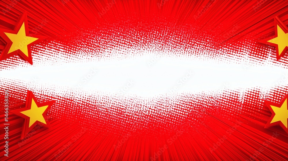 Red star burst with blank center, Halftone explosion with stars, Patriotic frame for message or event use
