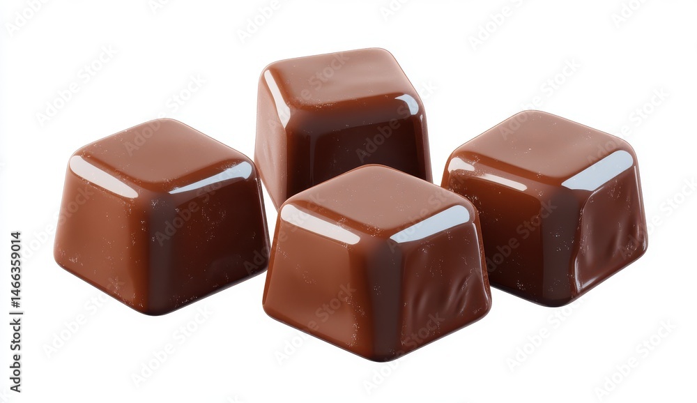 Four Glossy Milk Chocolate Squares on White Background Four Glossy Milk Chocolate Squares on White Background