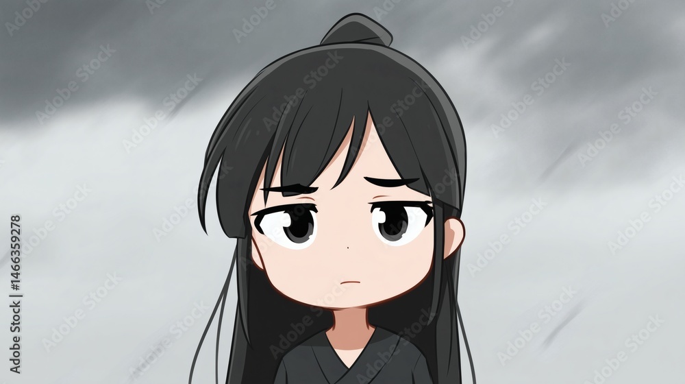 Sad anime girl with long black hair, Emotional cartoon character illustration, Suitable for manga themes or storytelling visuals