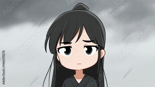 Obraz na płótnie Sad anime girl with long black hair, Emotional cartoon character illustration, Suitable for manga themes or storytelling visuals w salonie