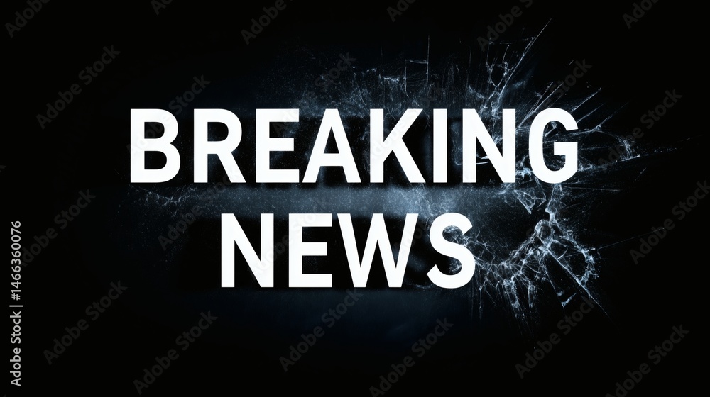 Breaking news with shattered glass visual, White bold letters on dramatic dark background, Useful for emergency or impactful news graphics