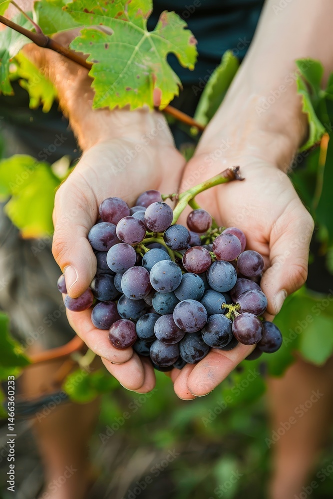 Obraz premium Closeup of Hands Holding a Bunch of Freshly Picked Grapes in Natural Light