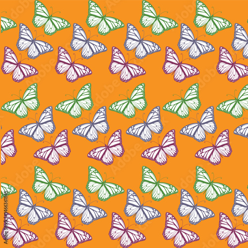 Seamless Colorful Butterfly Pattern, Hand-Drawn Minimalist Insect  Design for Fabric, textile print, texture , web, Wallpaper, Stationery, and Decorative Art Projects, isolated on mustard background.