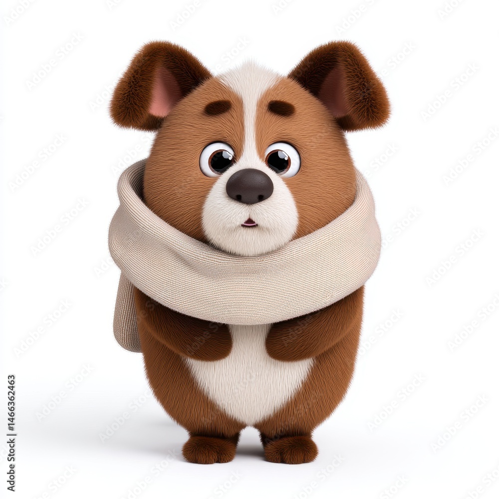 Fototapeta premium A cute brown and white cartoon puppy wears a scarf isolated on white background.