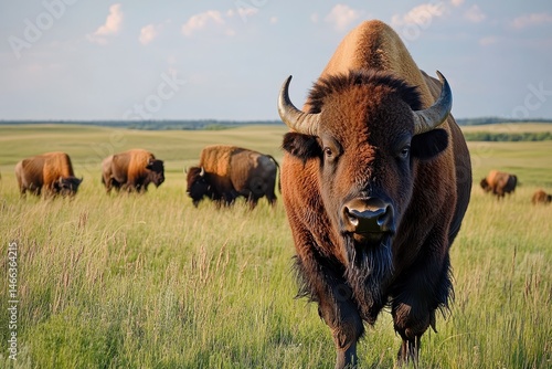 American Plains: Kansas Bison Wildlife Roaming Kansas Maxwell Prairie Preserve