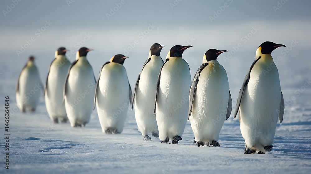 Obraz premium Emperor penguins walk in a line in the soft sunlight on the Antarctic ice.